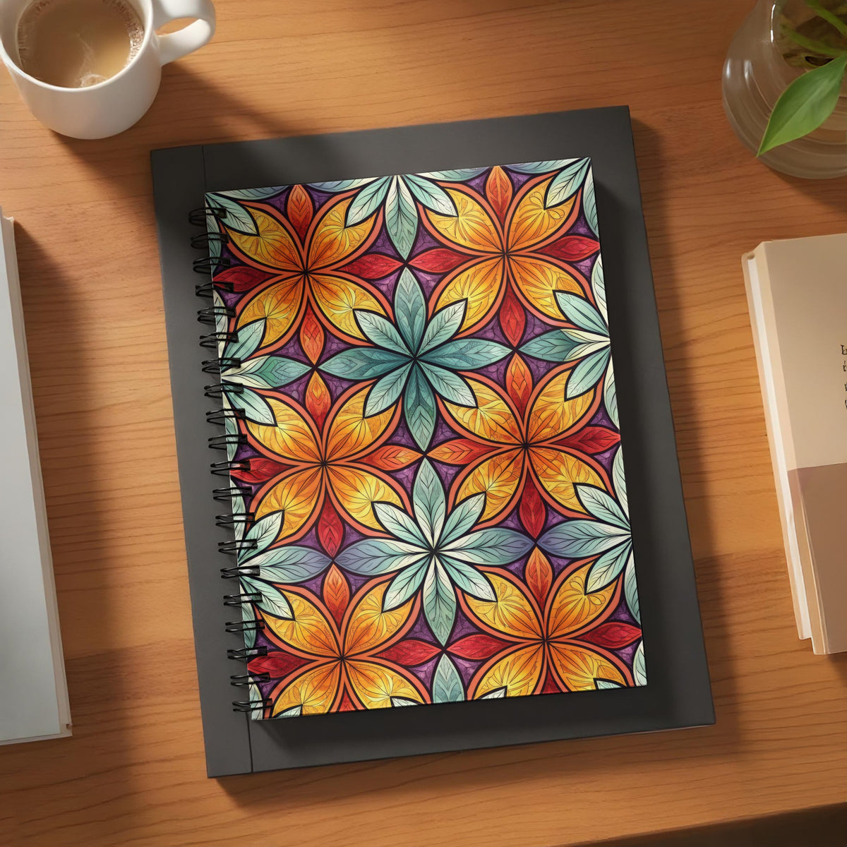 Spiral notebook with colorful geometric floral pattern on wood desk.