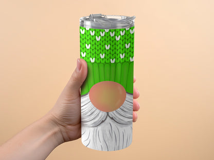 Green tumbler with a gnome design featuring a knit pattern and white beard.