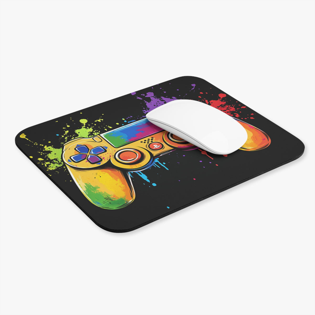 Mousepad with abstract colorful video game controller and paint splatter design