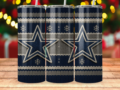 Three tumblers with a navy blue, gray, and white knitted pattern and stars.