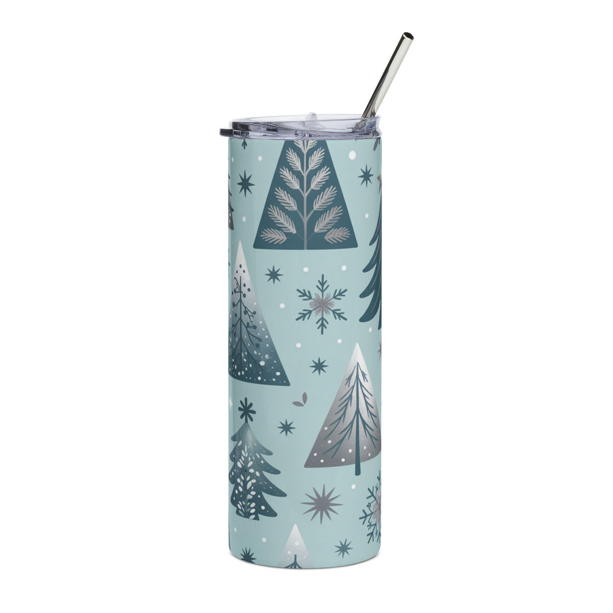 Light blue tumbler with a pattern of stylized trees and snowflakes.