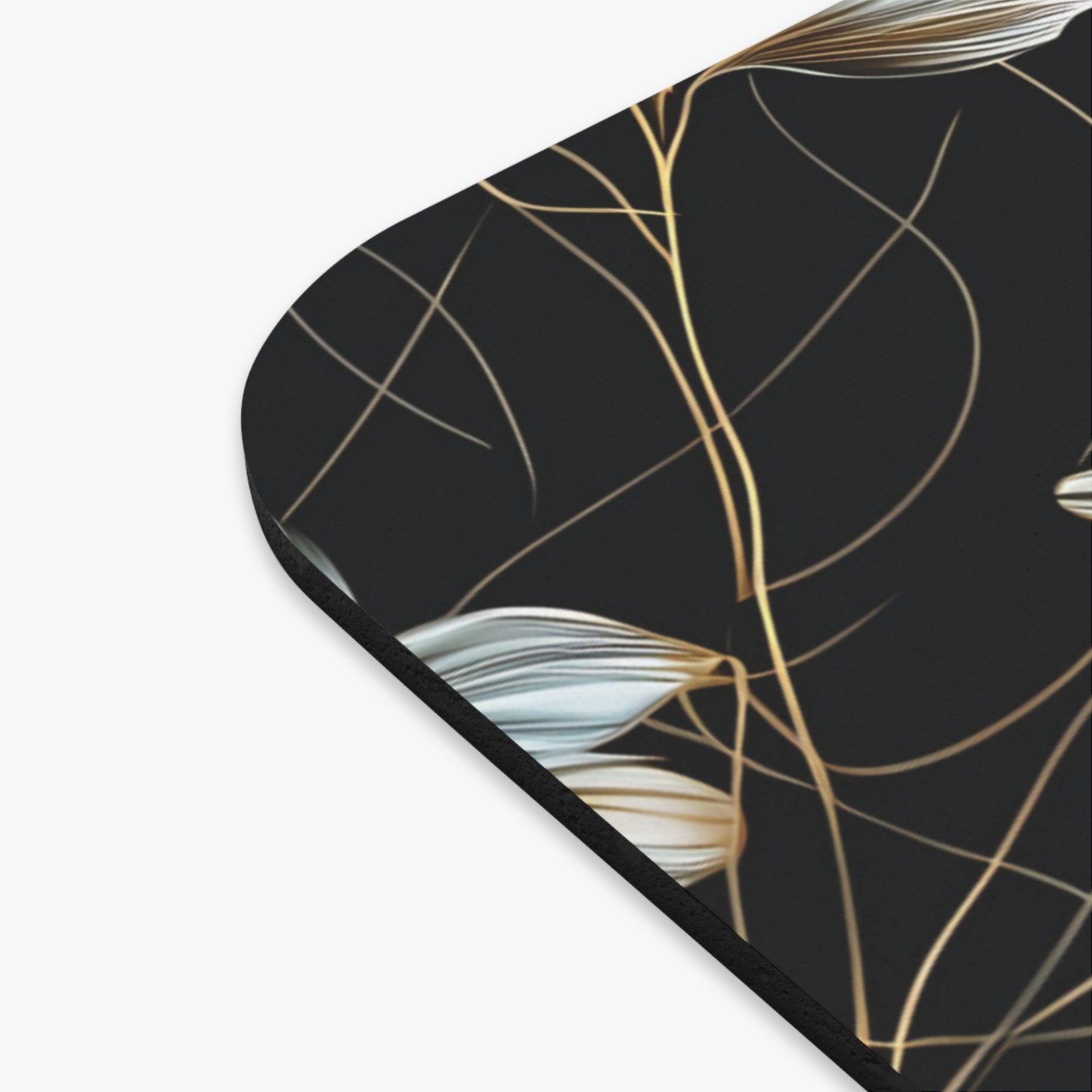 Black background with abstract gold and white flowing lines and leaf shapes.