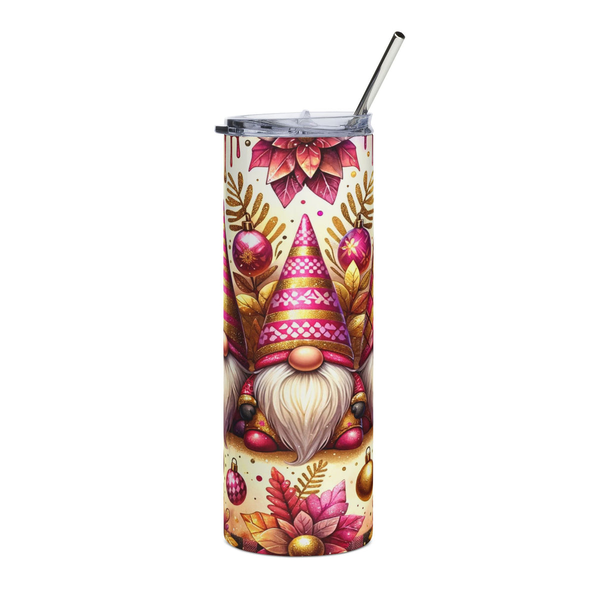 Christmas tumbler with gnomes, poinsettias, and ornaments, featuring a metal straw.