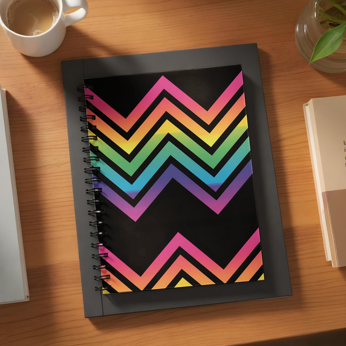 Notebook with black cover and rainbow chevron pattern