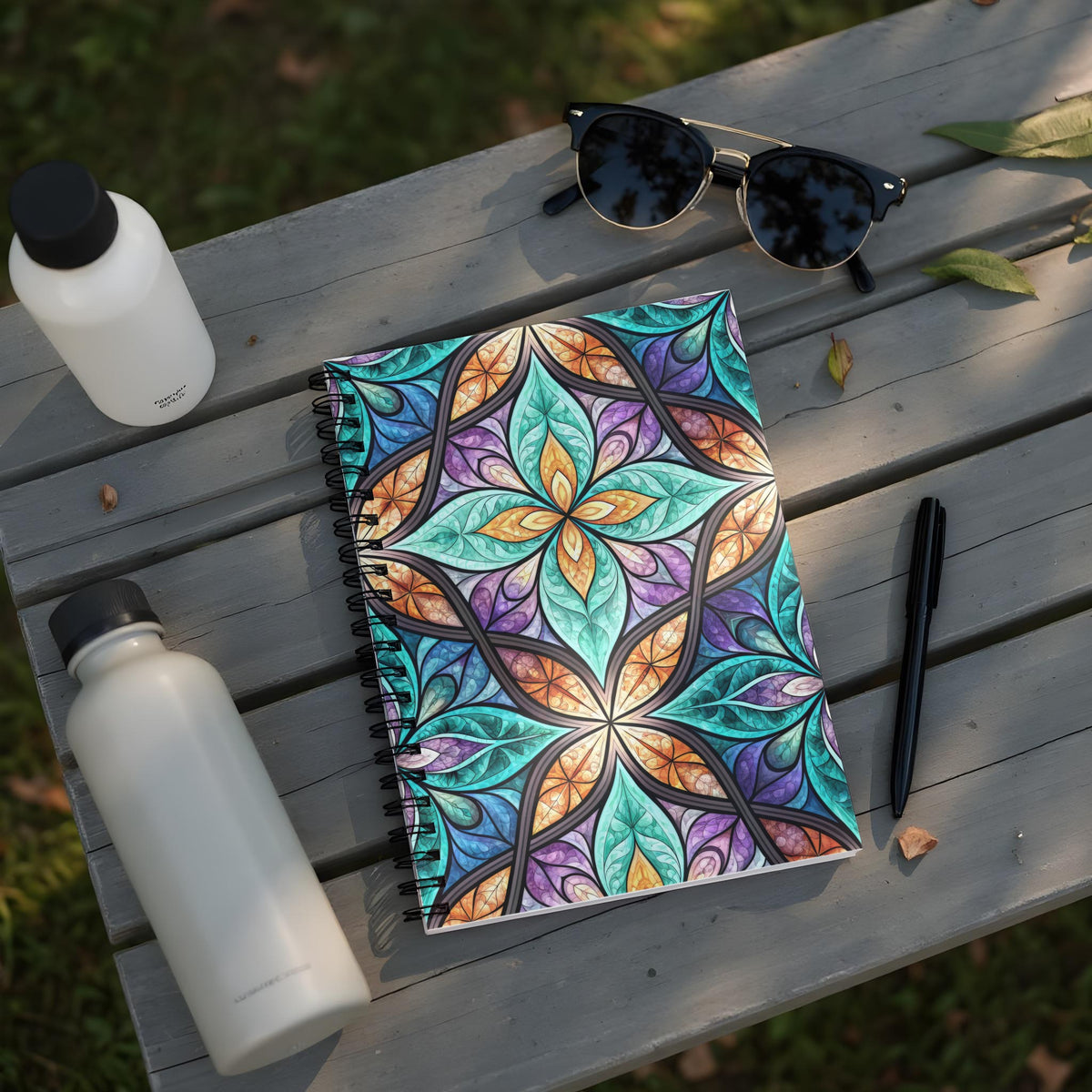 Notebook with stained-glass floral pattern, two water bottles, sunglasses, and pen.