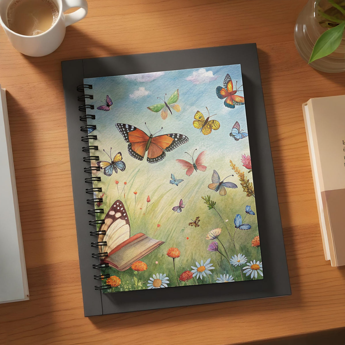 Notebook with watercolor butterflies flying over a meadow and open book.