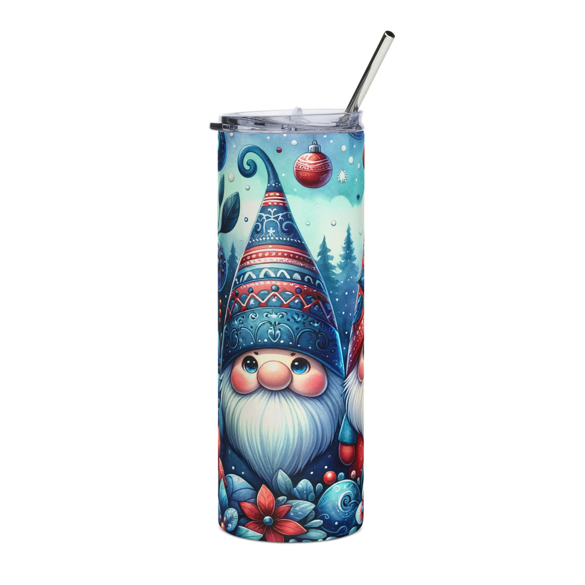 Tumbler with watercolor gnomes, festive hats, and winter scene.