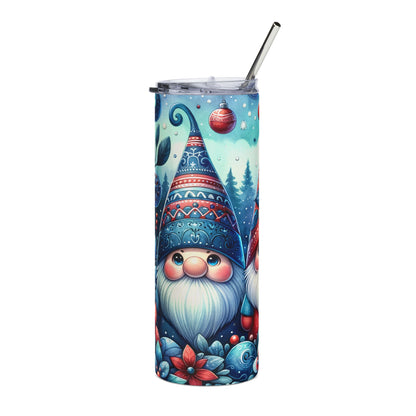 Tumbler with watercolor gnomes, festive hats, and winter scene.