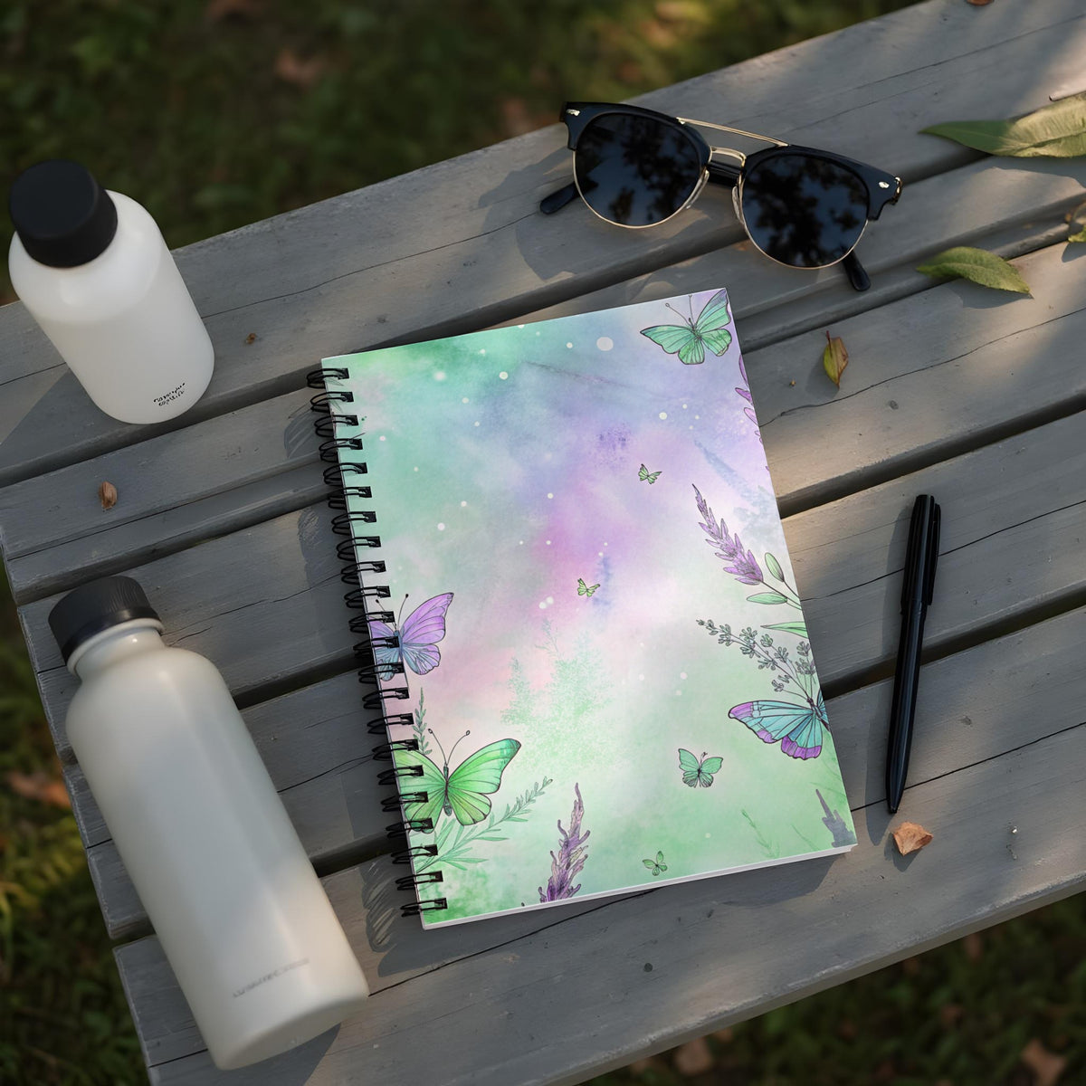 Spiral notebook with watercolor butterflies and lavender on a wooden surface.