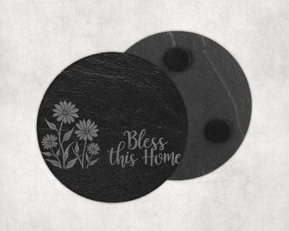 Round slate coaster engraved with flowers and "Bless this Home".
