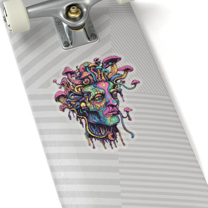 Psychedelic Medusa sticker with mushrooms on a skateboard.