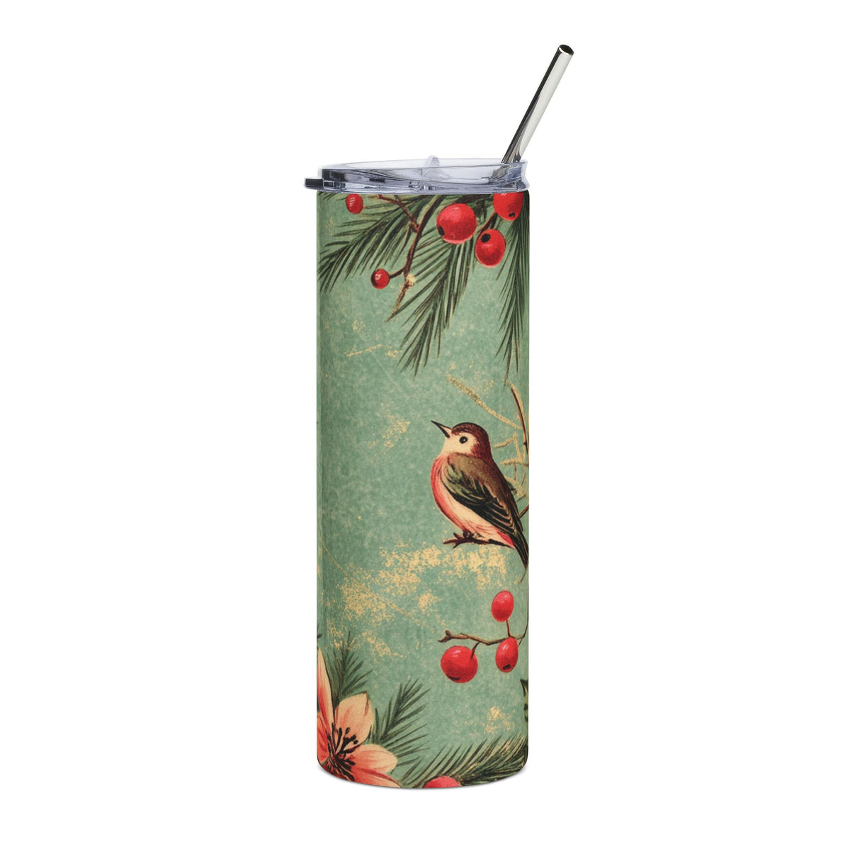 Green tumbler with vintage bird, holly berries, and pine needle design.