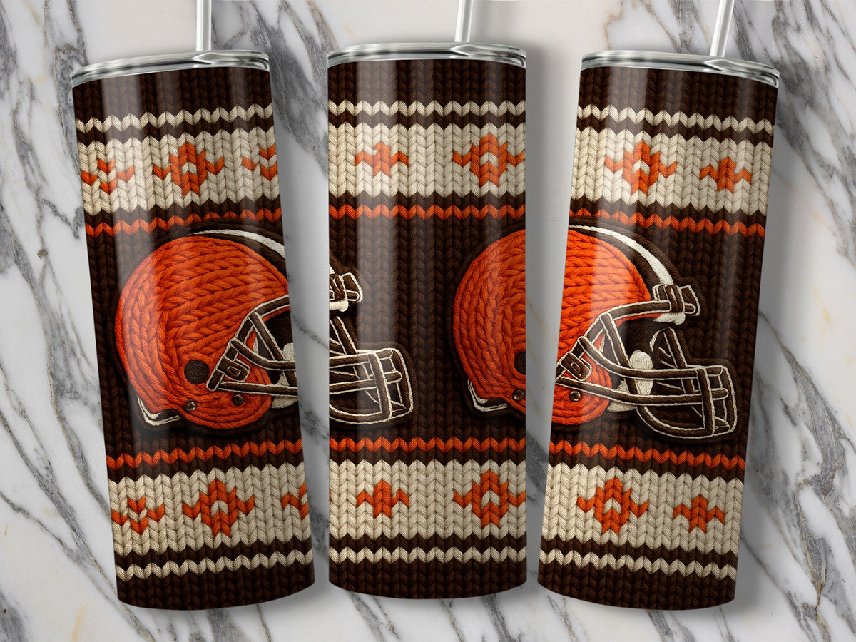 Three tumblers featuring a knit pattern with Cleveland Browns helmets.