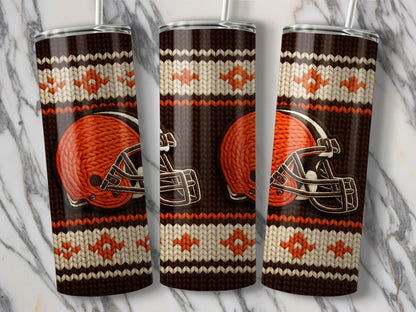 Three tumblers featuring a knit pattern with Cleveland Browns helmets.
