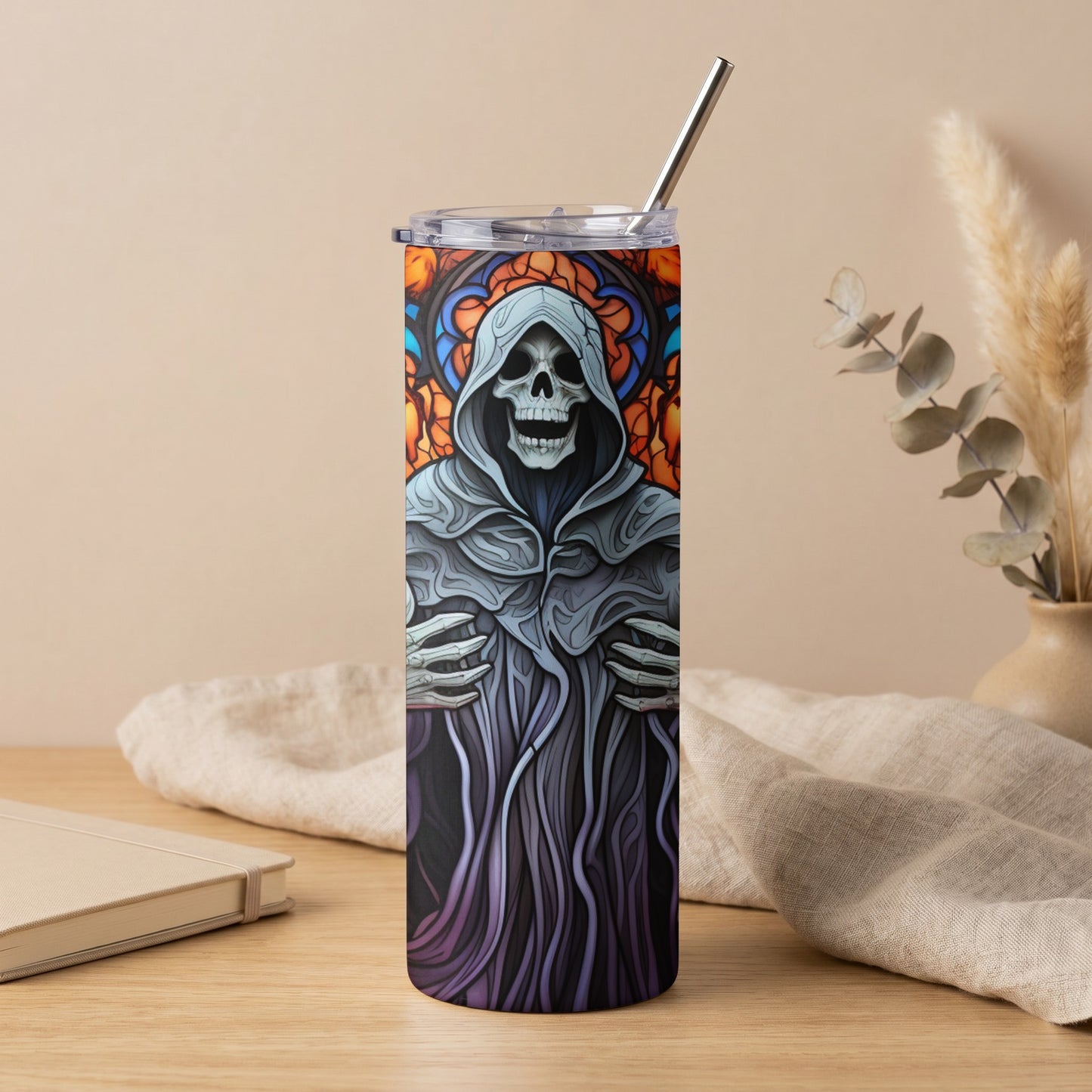 Grim reaper design on a tumbler with a stained glass background.