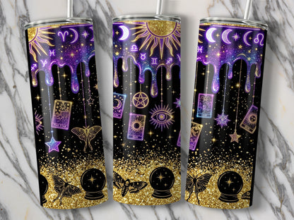 Three tumblers with celestial and tarot designs on a marble background.