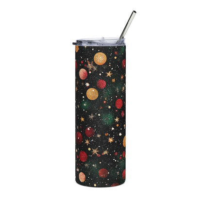 Black tumbler with red, gold, and green circular ornaments and stars.