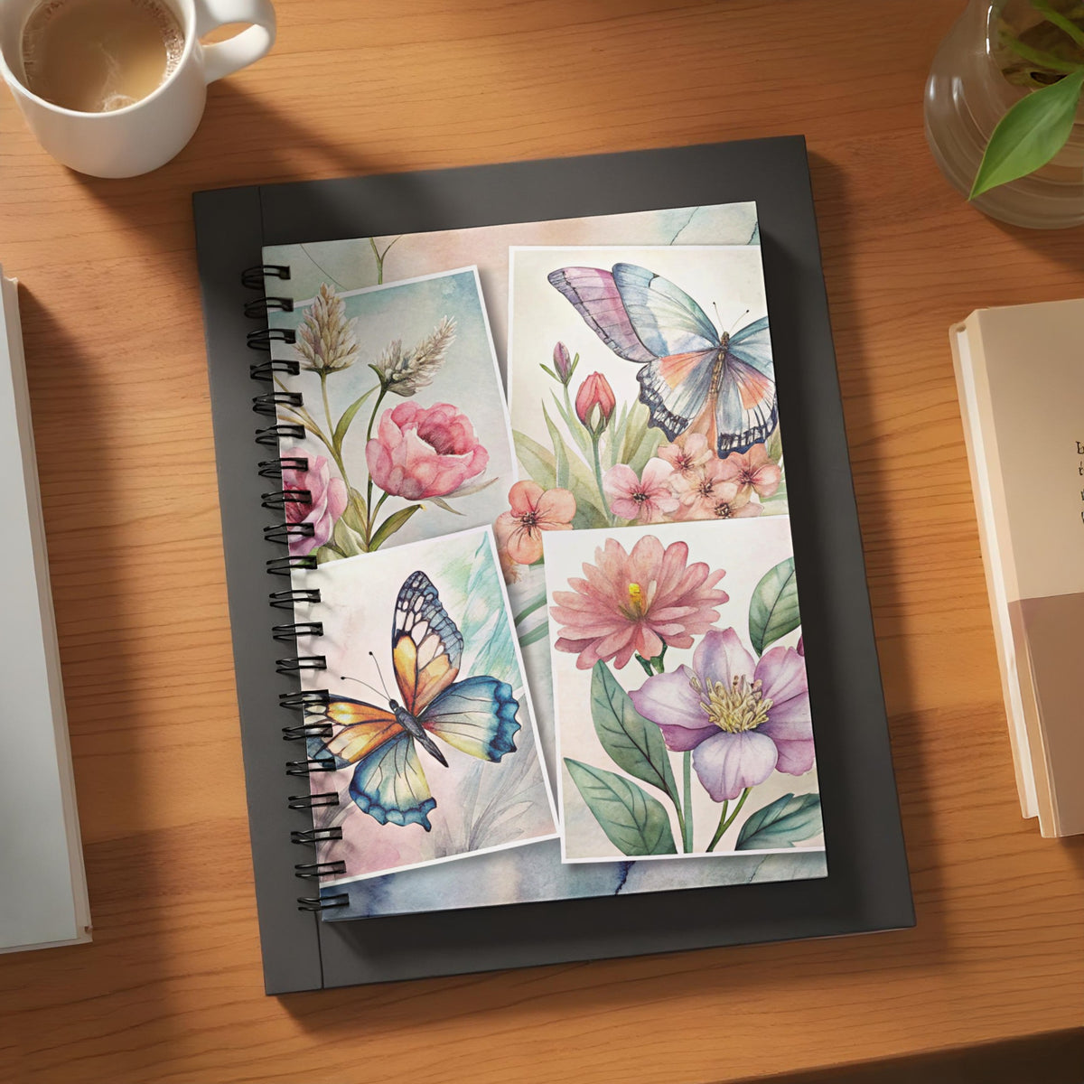Notebook with watercolor butterflies and flowers on cover and surrounding desk items.