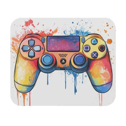 Rainbow-splattered video game controller with classic PlayStation symbols.