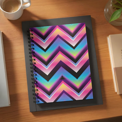 Spiral notebook with colorful geometric chevron pattern on desk.