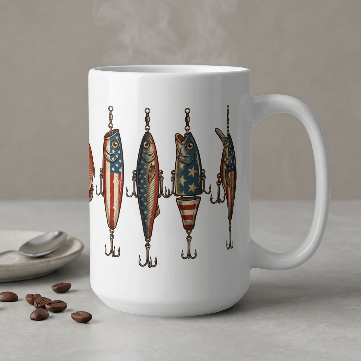 White mug with fishing lures decorated with American flag patterns.