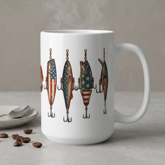 White mug with fishing lures decorated with American flag patterns.