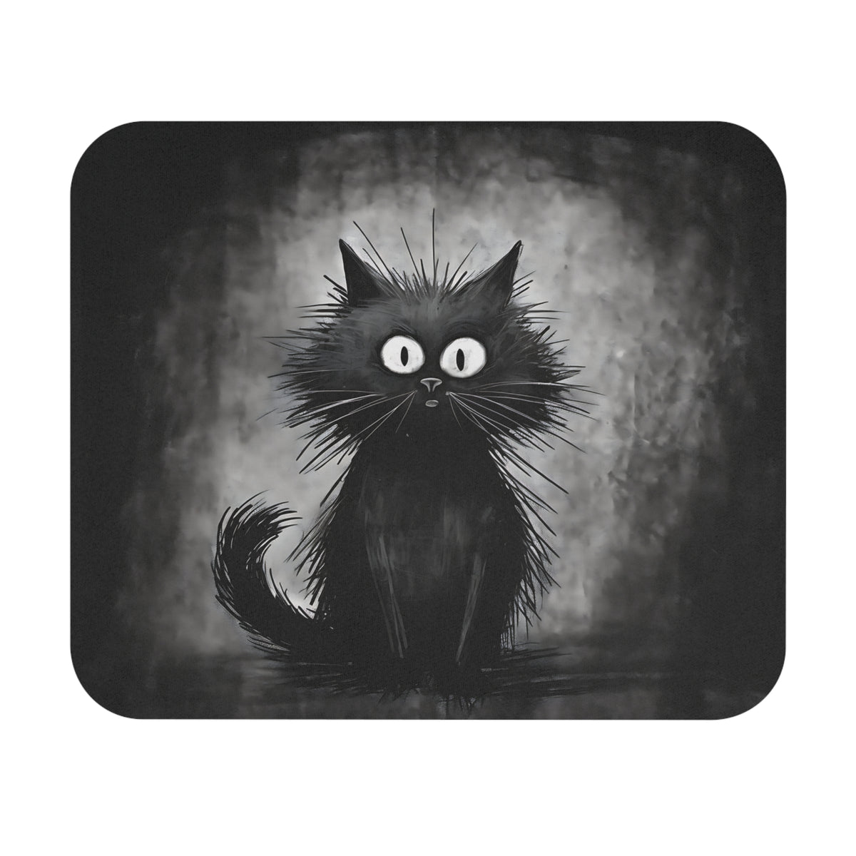 A mousepad features a whimsical black cat illustration with very wide eyes and frizzy fur against a textured grey background.