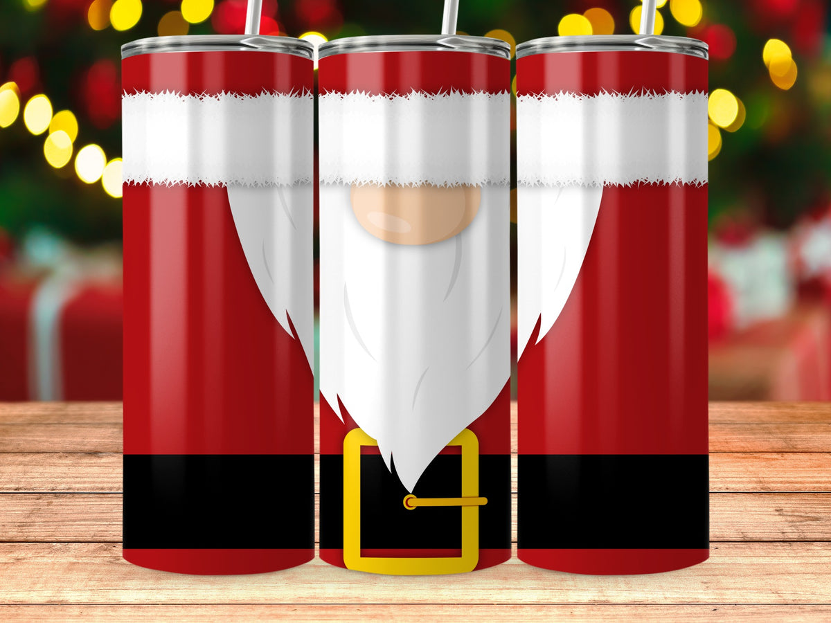 Three Santa-themed tumblers with straws against a blurred Christmas background.