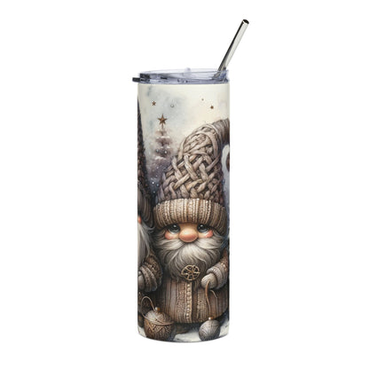 Tall tumbler with a watercolor gnome design and a metal straw.