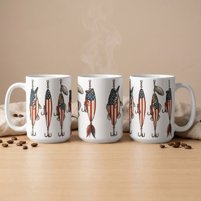 Three white mugs displaying American flag-themed fishing lures and hooks.
