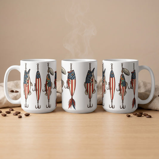 Three white mugs displaying American flag-themed fishing lures and hooks.