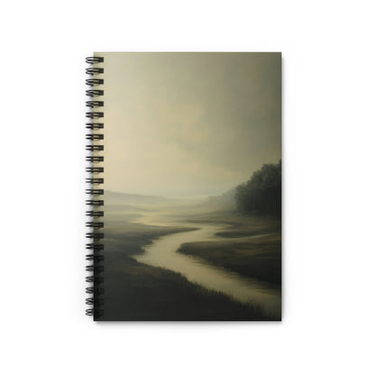 Spiral notebook with a misty landscape painting of a river and trees.