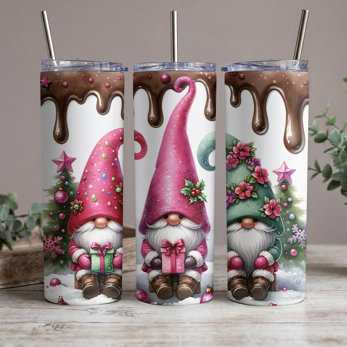 Three gnomes in winter scenes with chocolate drizzle and festive trees.