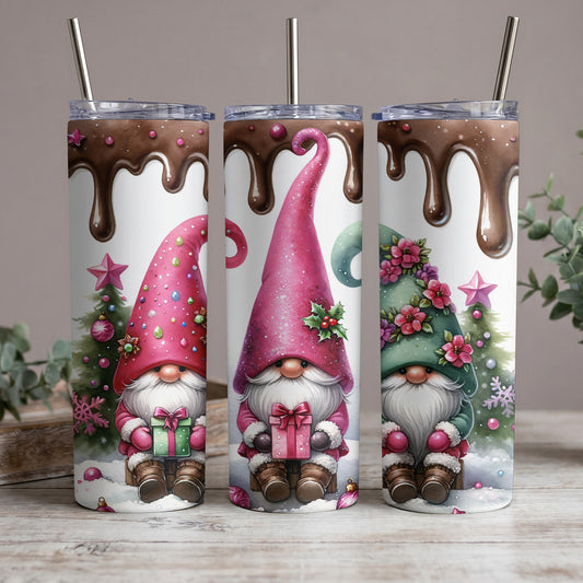 Three gnomes in winter scenes with chocolate drizzle and festive trees.