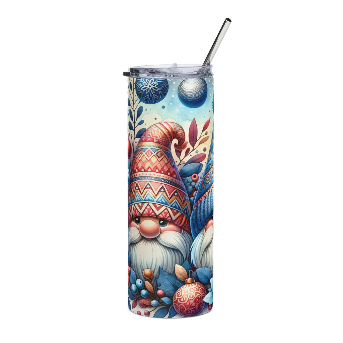 Tumbler with holiday gnomes, snowflakes, and ornaments design, featuring a metal straw.