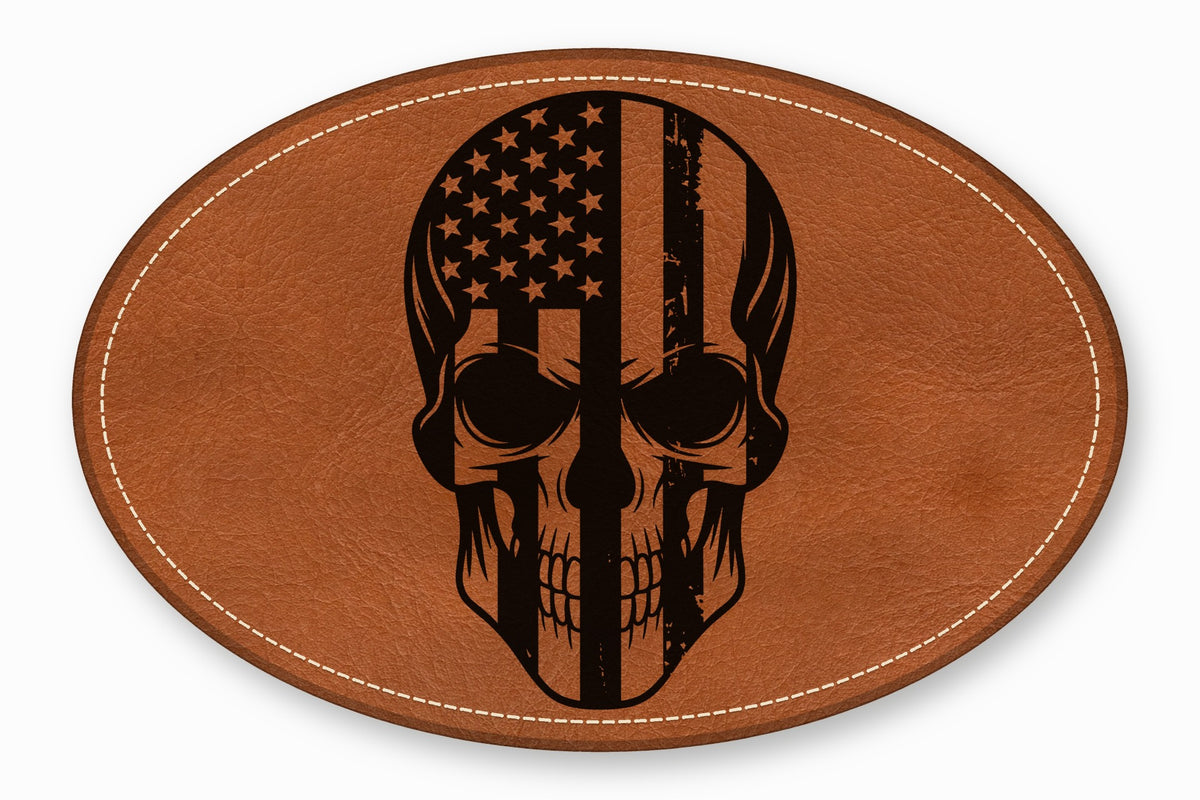 Brown leather oval patch featuring a black skull graphic with a distressed American flag design.
