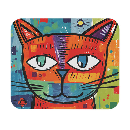 Colorful abstract cat painting with bright orange fur, contrasting eyes, and a patterned multi-colored background.