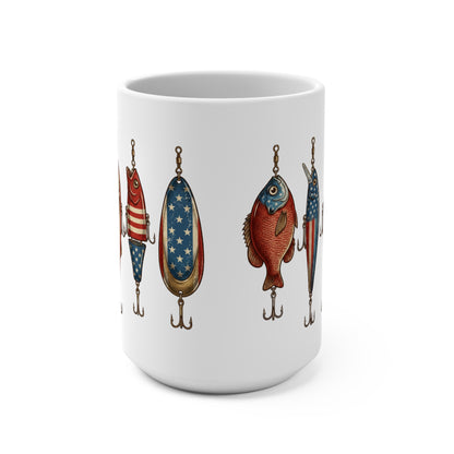 White mug with a repeating pattern of fishing lures decorated with American flag motifs.