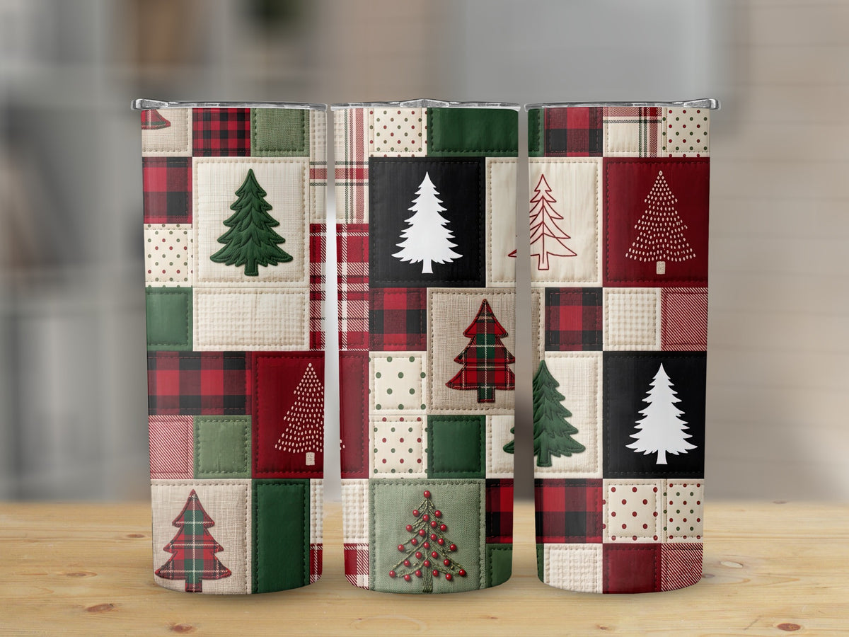 Three tumblers with a patchwork design of Christmas trees and plaid patterns.