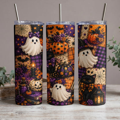Three tumblers with Halloween patchwork designs featuring ghosts, pumpkins, and cats.