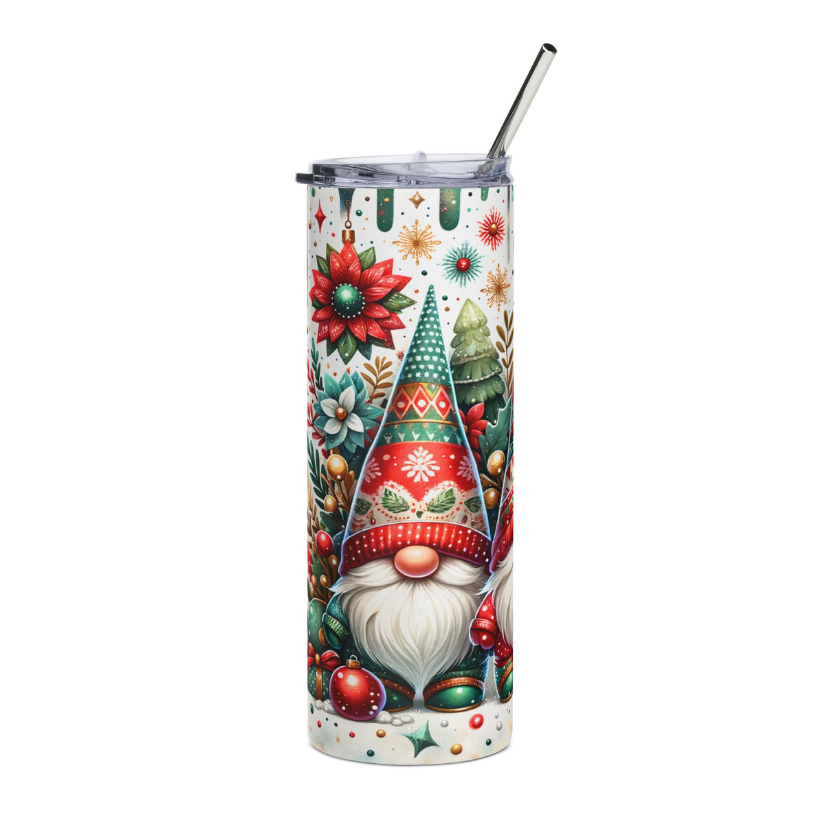 Tumbler with gnomes, poinsettias, pine trees, and snowflakes on white background.