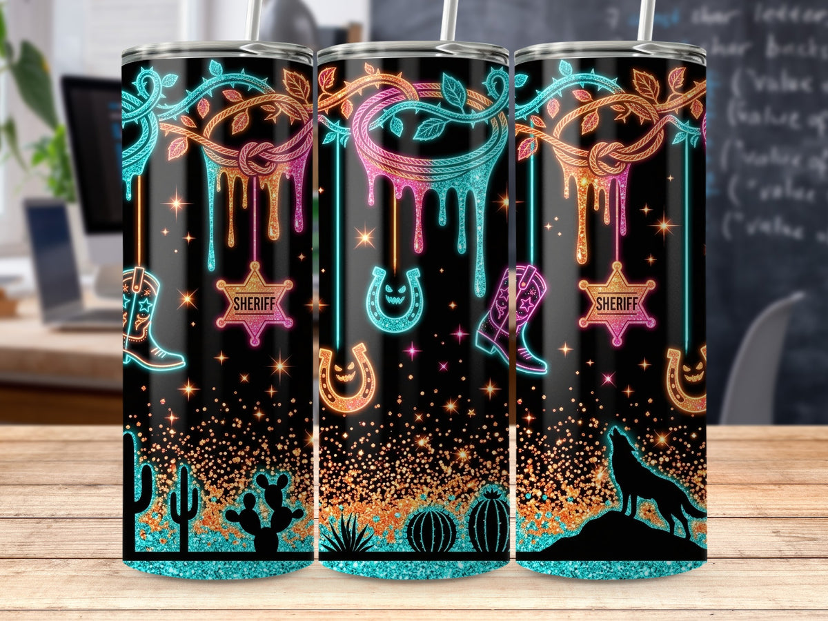 Three tumblers with neon western designs featuring boots, sheriff badges, horseshoes, and wolves.