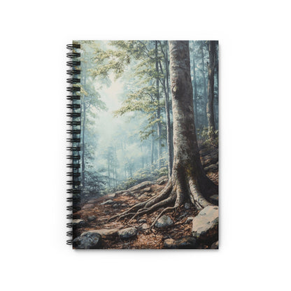 Spiral-bound notebook featuring a painting of a misty forest with exposed tree roots.