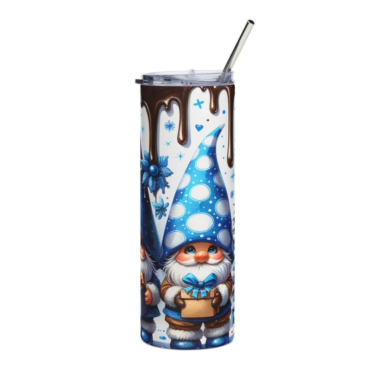 Tumbler with chocolate drip and cartoon gnomes in blue polka dot hats holding gifts.