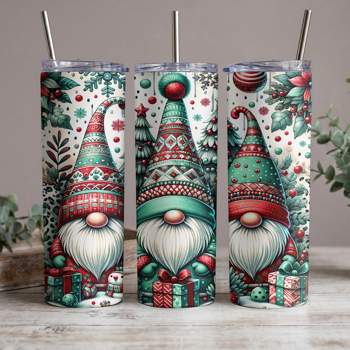 Three Christmas gnomes with festive hats, surrounded by holiday elements and gifts.