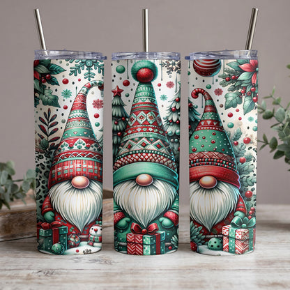Three Christmas gnomes with festive hats, surrounded by holiday elements and gifts.