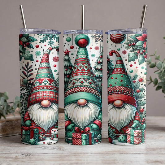 Three Christmas gnomes with festive hats, surrounded by holiday elements and gifts.