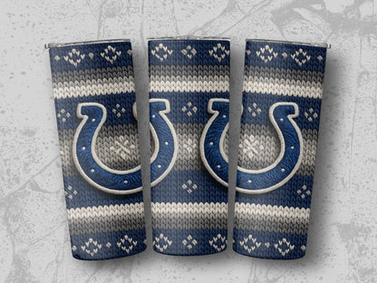 Three tumblers with a blue, gray, and white knit pattern and Indianapolis Colts logos.