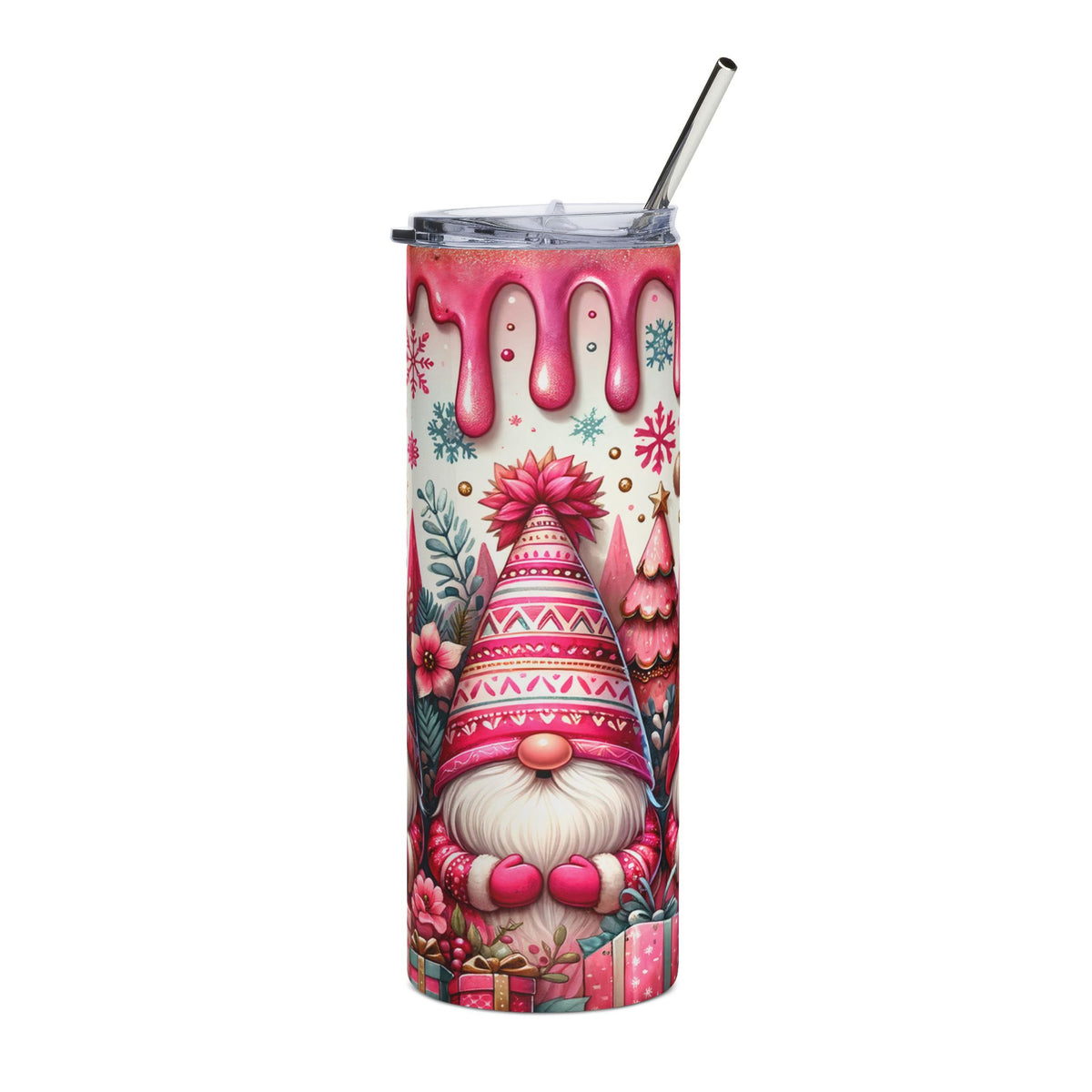 Tumbler with pink gnome, snowflakes, flowers, and gift design, with a straw.