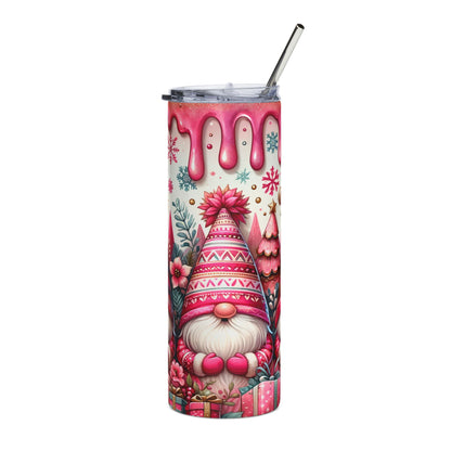 Tumbler with pink gnome, snowflakes, flowers, and gift design, with a straw.